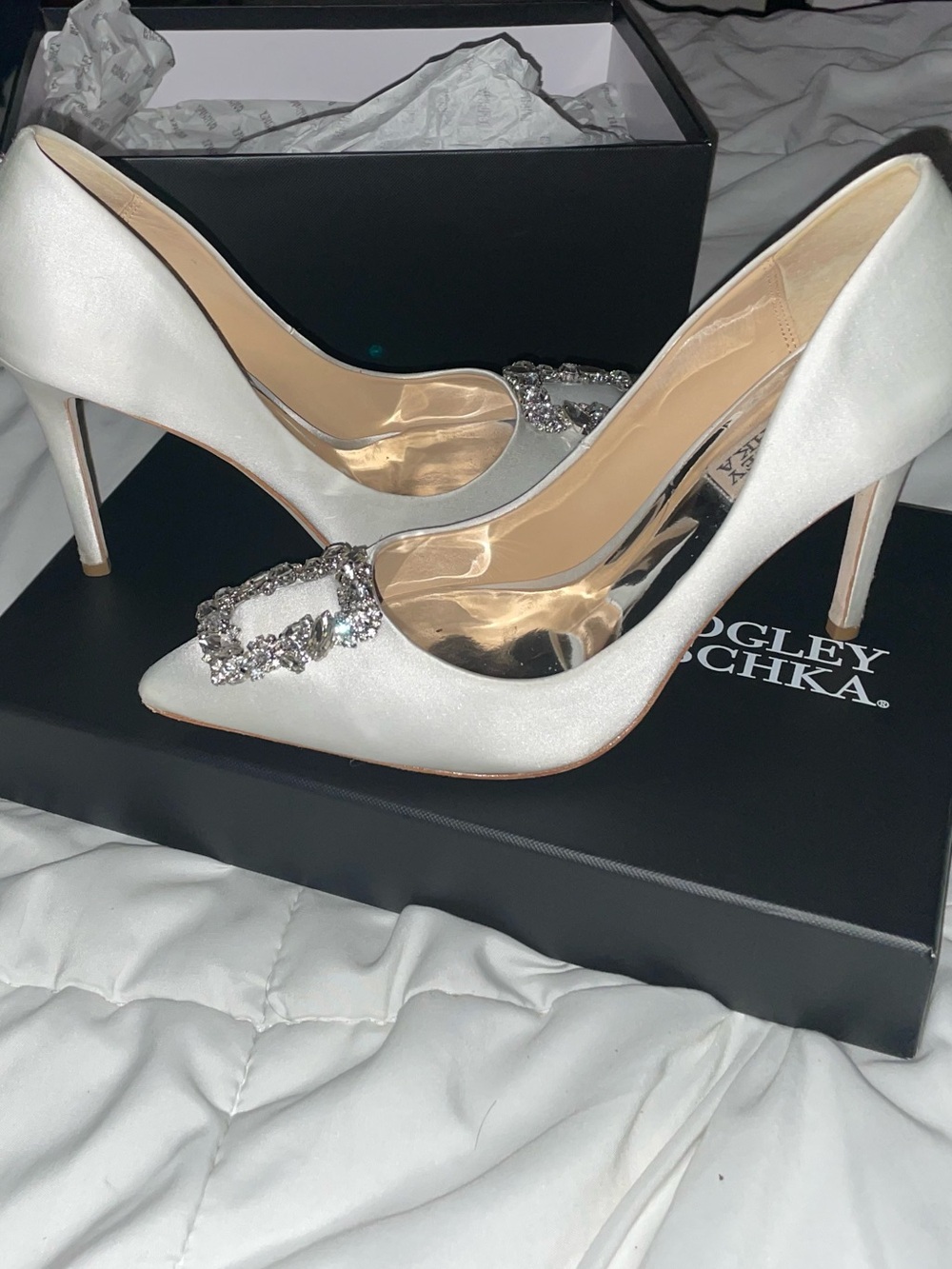 Badgley Mischka White Satin Crystal Buckle Pointed Toe Pumps